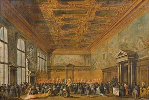 Audiencia concedida por el Dogo de Venecia en la Sala del Colegio del Palacio Ducal, c.1766-70